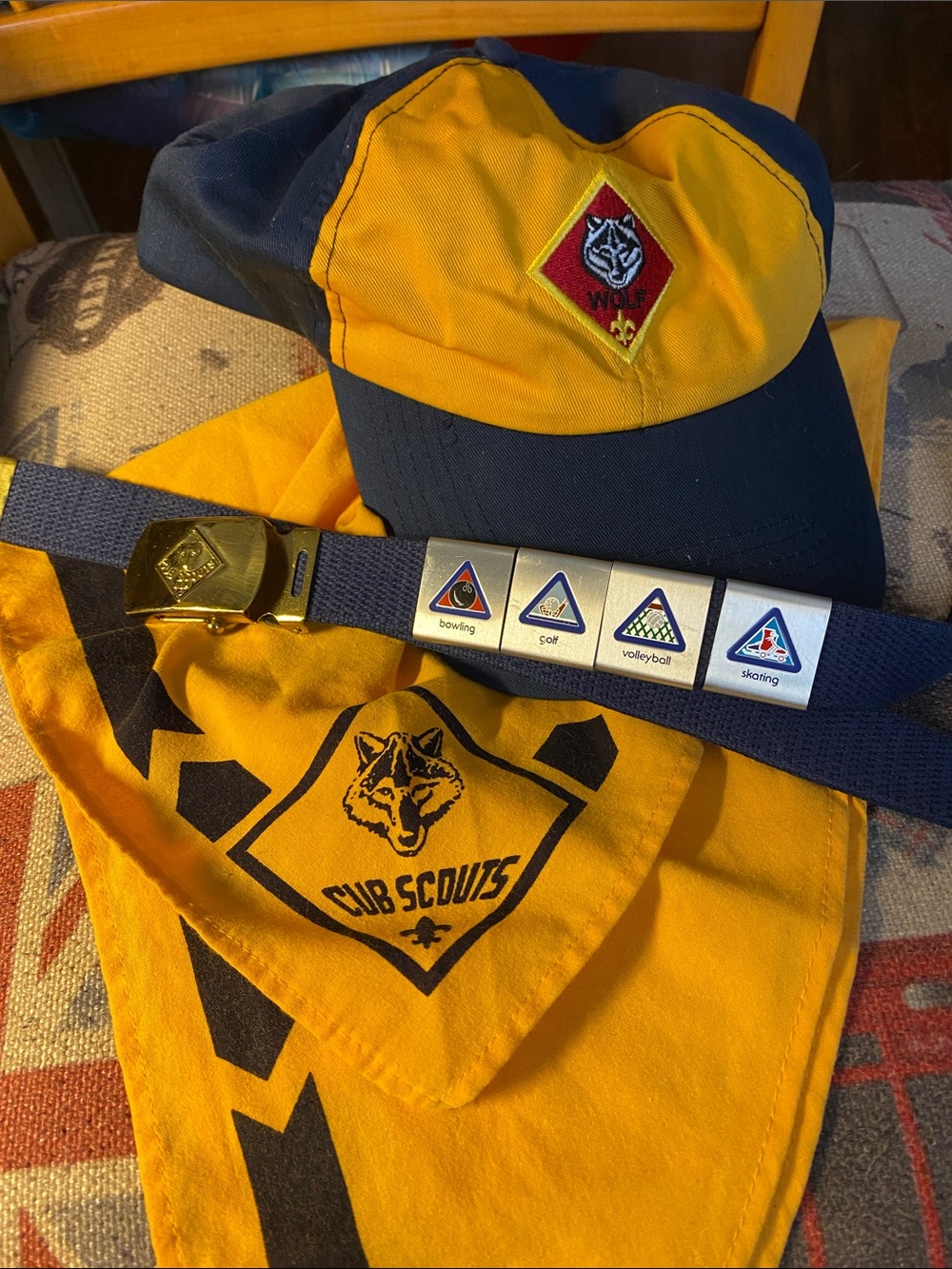WOLF Cub Scouts Hat Neckerchief Slide Belt Lot Set BSA